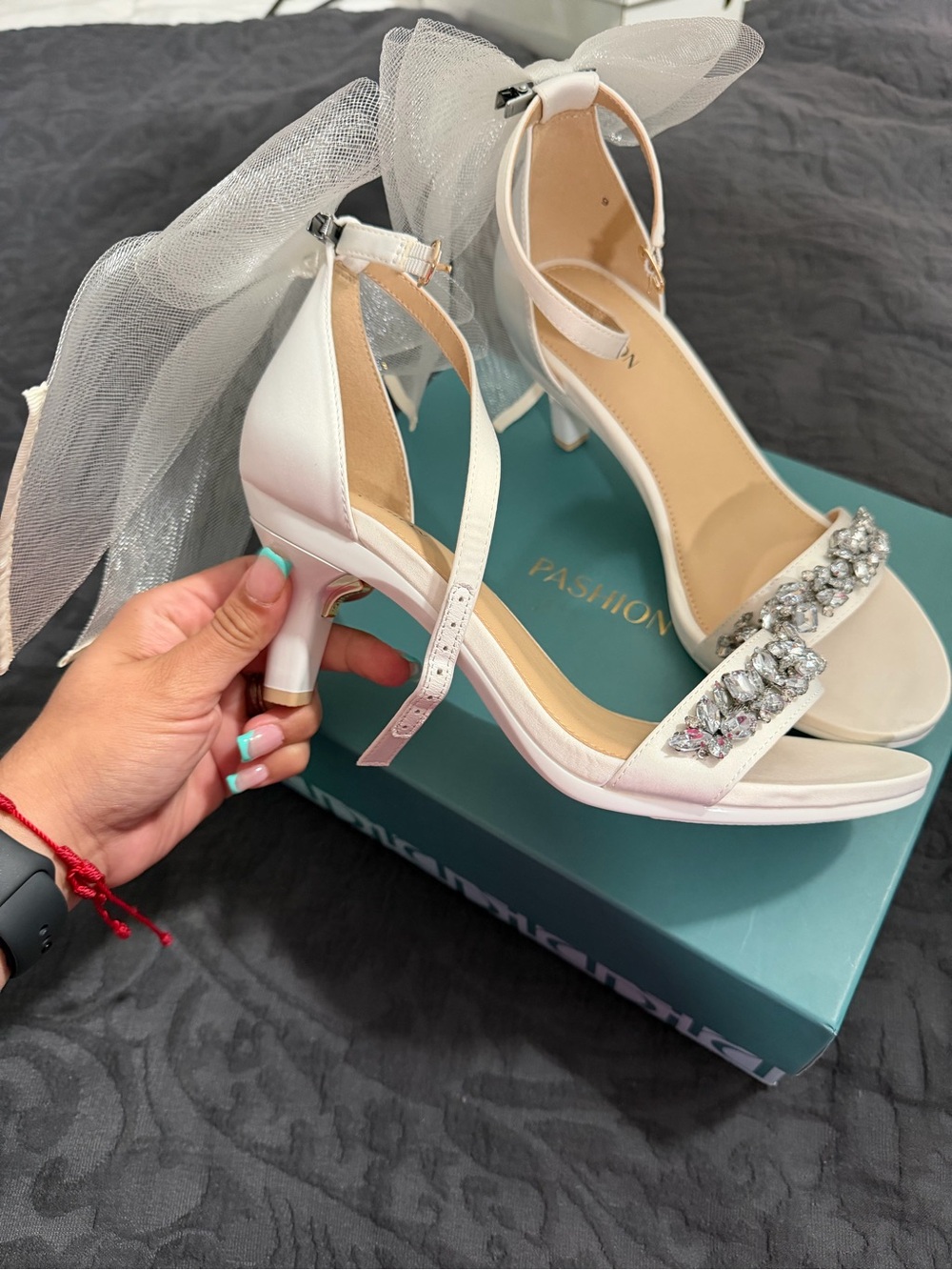 Pashion White Embellished Ankle-Strap Heels - Picture 2 of 6